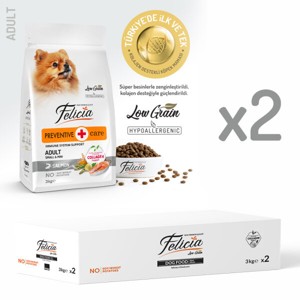 Felicia 6 Kg (2x3 Kg) Kolajenli Somonlu Az Tahıllı Small/Mini Yetişkin Köpek Maması /Mini HypoAllergenic Köpek Maması