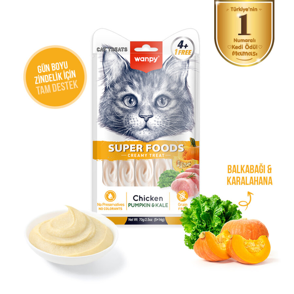 Wanpy Superfood Balkabağı & Kara Lahanalı 12’li – Krema Kedi Ödülü 5×14 g