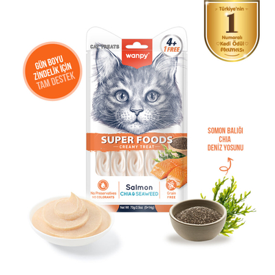 Wanpy Superfood Somonlu, Chia & Deniz Yosunlu 12’li – Krema Kedi Ödülü 5×14 g - Thumbnail