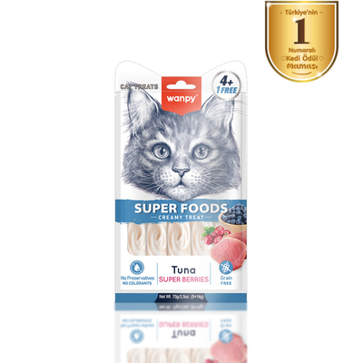 Wanpy - Wanpy Superfood Ton Balıklı, Yaban Mersini & Kızılcıklı 12’li – Krema Kedi Ödülü 5×14 g