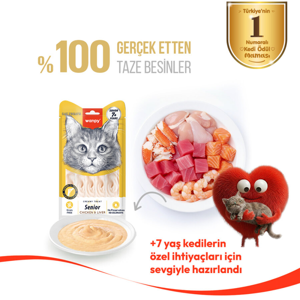 Wanpy Tavuklu & Ciğerli 12’li – 7+ Yaş Kedi Krema Ödülü 5×14 g